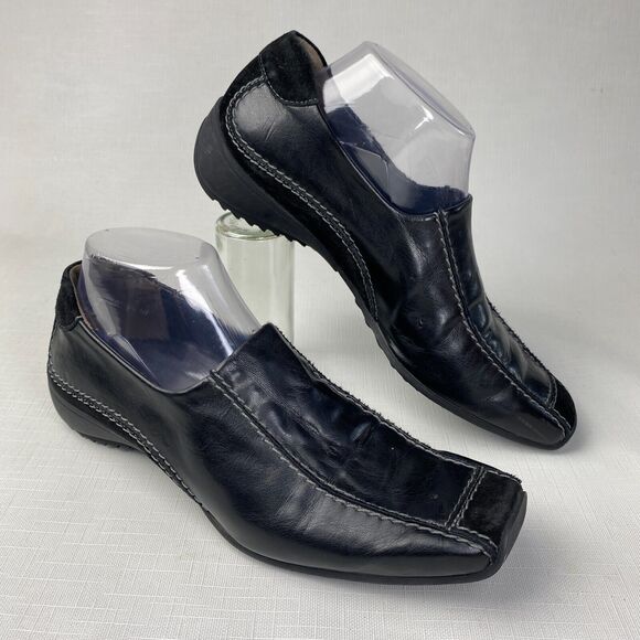 Paul Green Munchen Black LEATHER + SUEDE Stitched LOAFERS! Square Toe Sz 5.5 - Picture 1 of 12